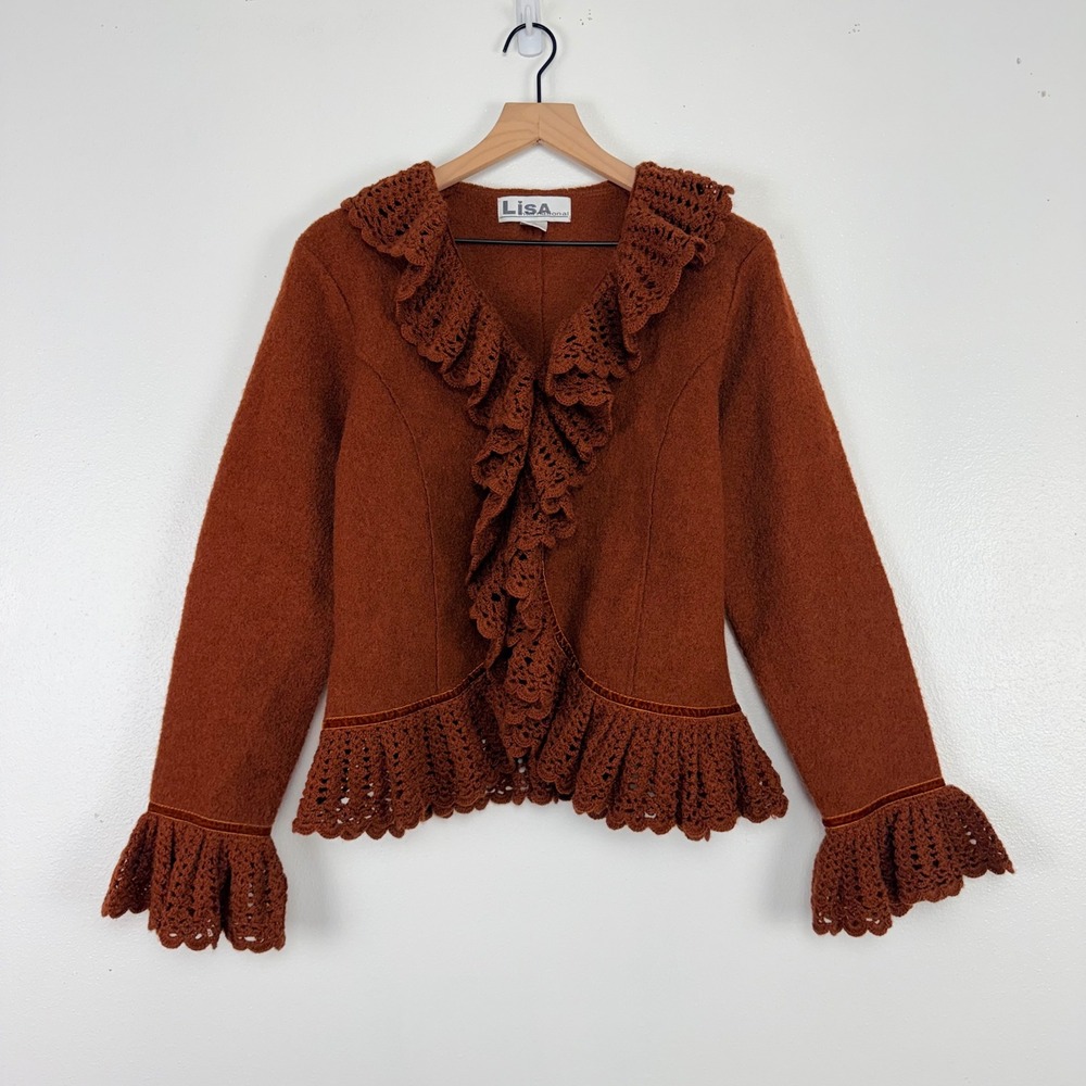 Vtg Lisa International Boiled Wool Blazer Jacket‎ M Crochet Ruffle V-Neck Brown - Picture 2 of 16